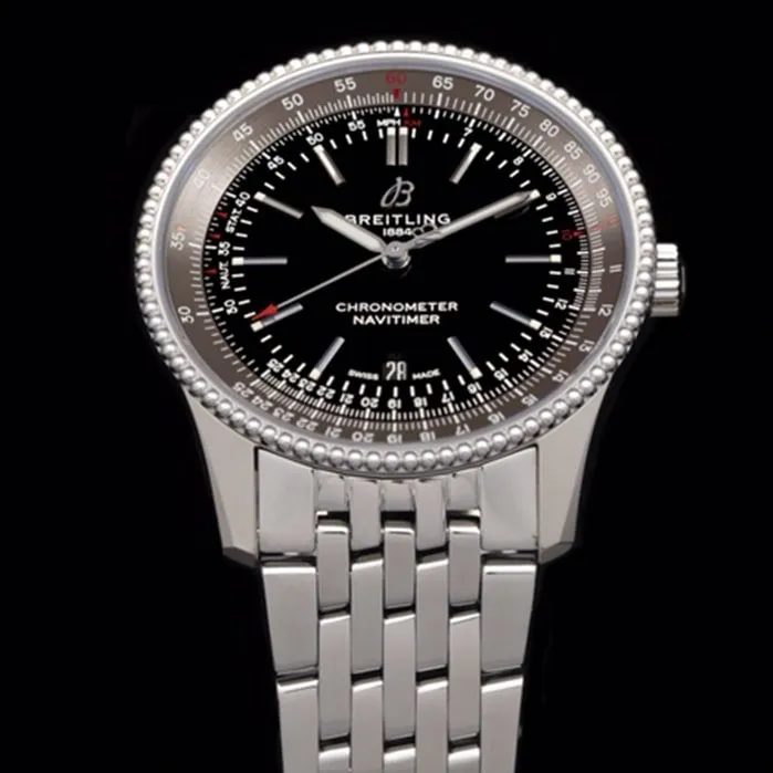 top-tier watch Breitling men's black dial aviation chronograph1 series steel bracelet watch front view