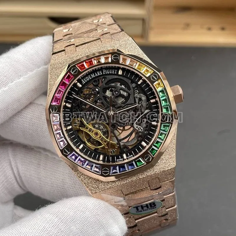 Audemars Piguet watch THB factory Royal Oak rainbow diamond bezel frost gold rose goldsteel bracelet model 15412front live photo