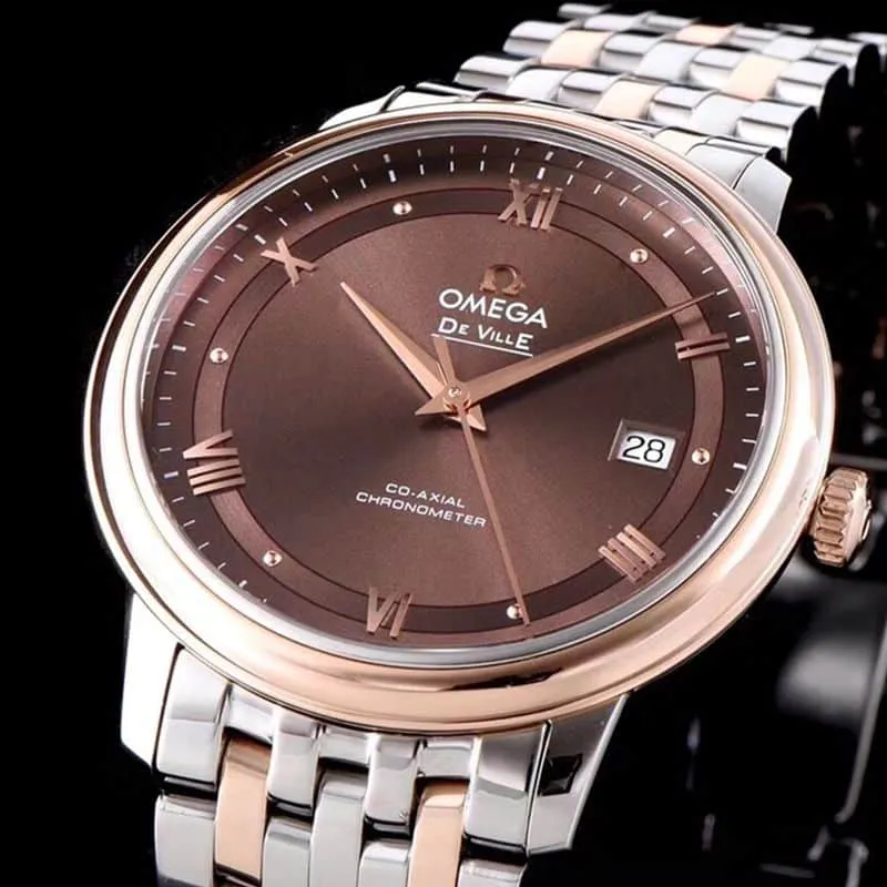 Fine imitation Omega watches Dafydd series men's mechanical ultra-thin watch between rose gold steel belt coffee face details picture