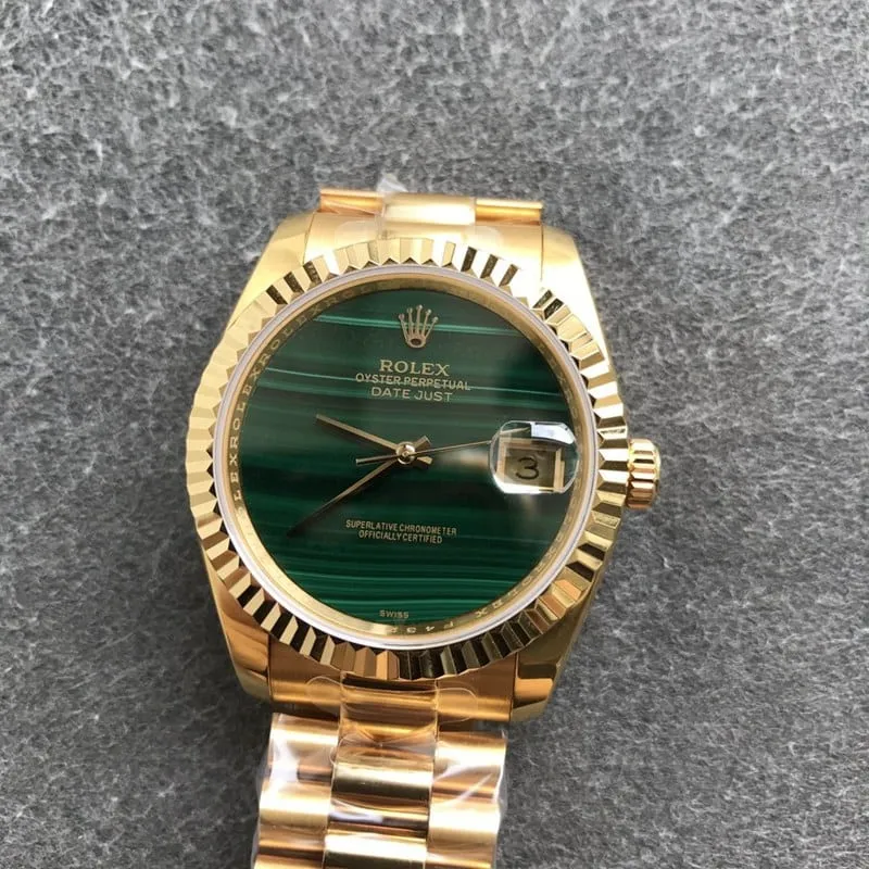 Rolex high-quality imitation Datejust 36mm malachite green dial men's mechanical watch full gold no hour markers front view