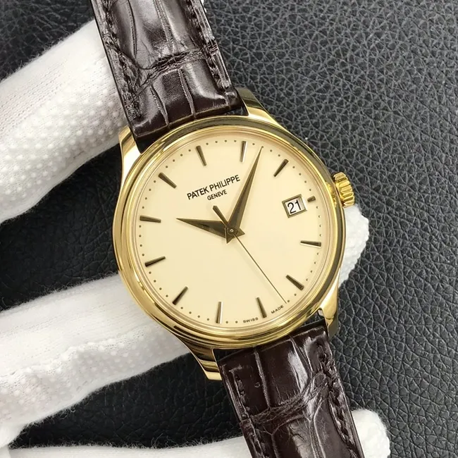 3k factory top-tier watch Patek Philippe men's yellow plate brown belt automatic movement retro watch front view