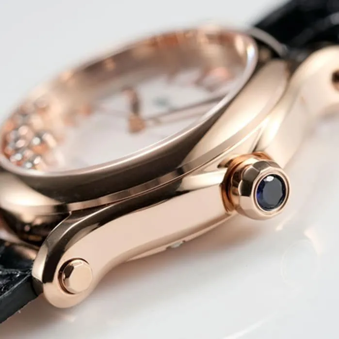 Top collectible watches Chopard Women's White Plate Black Strap Happy Diamond Series Watch Buckle Figure