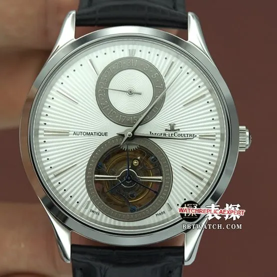 top-tier watch Jaeger-LeCoultre men's white dial black belt master series automatic true tourbillon mechanical leather strap watch front live photo