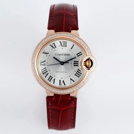 V6 factory top-tier watch Cartier automatic movement blue balloon series 33mm women's white dialleather strap watch side view