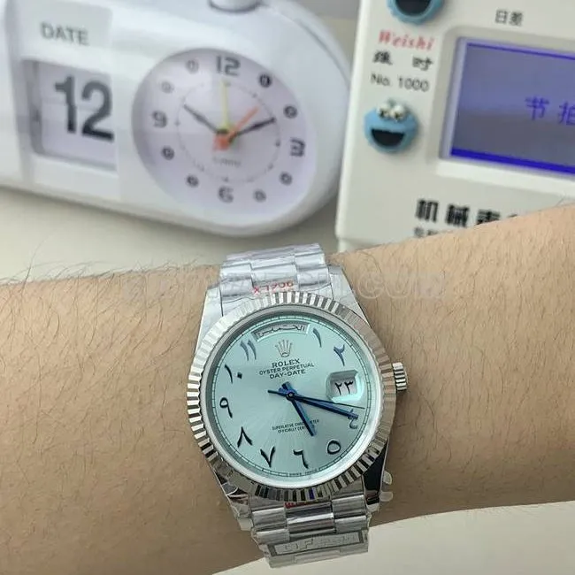 collectible watch QF factory Rolex Day-Date ice blue dial Middle East time scale 40mm weight live photos