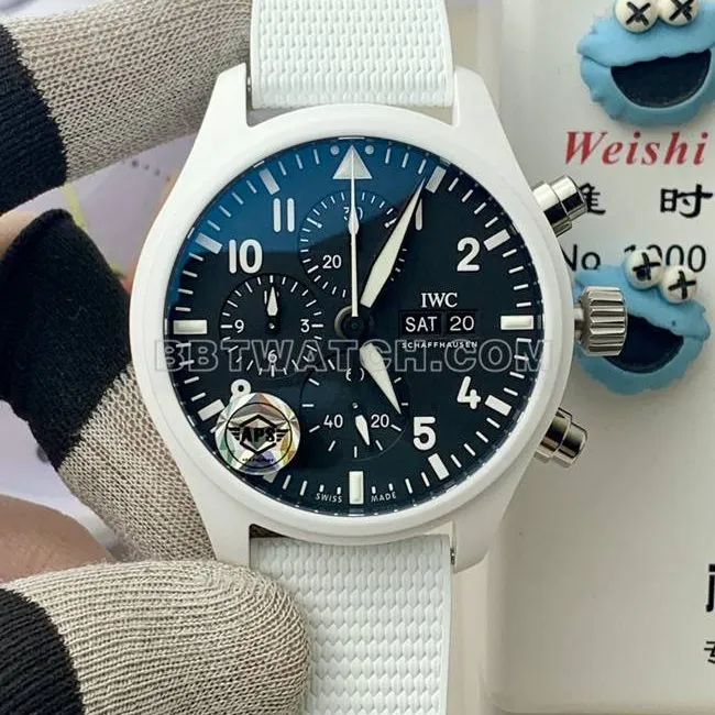top-tier watch IWCAPS factory pilot black dialchronograph white ceramic mechanical front live photo