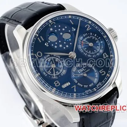 collectible watch APS factory Portugal IWC perpetual calendar blue dial black braceletcaseback live photo