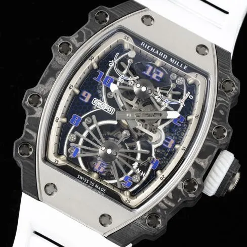 Large factory fine imitation Richard Mille black steel RM 21-01 aerodynamic tourbillon watch light wear carbon fiber and 5N red gold material front view