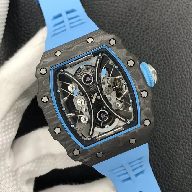 JB factory Richard Milletop-tier watch automatic movement real tourbillon men's black dial blue rubber strap watch clasp picture