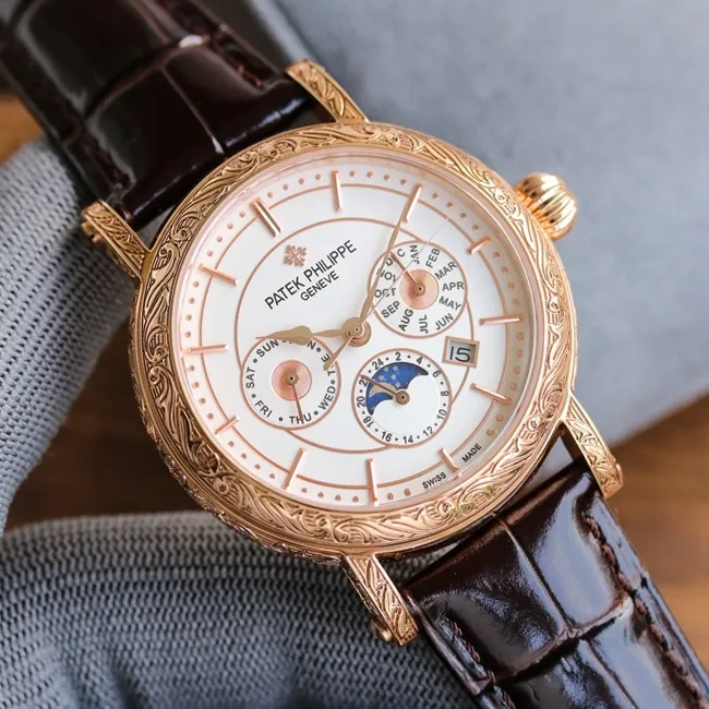 top-tier replicaPatek Philippesuper watch men's white dial brown belt new product 42mm mechanical leather strap pure hand carved watch movement picture