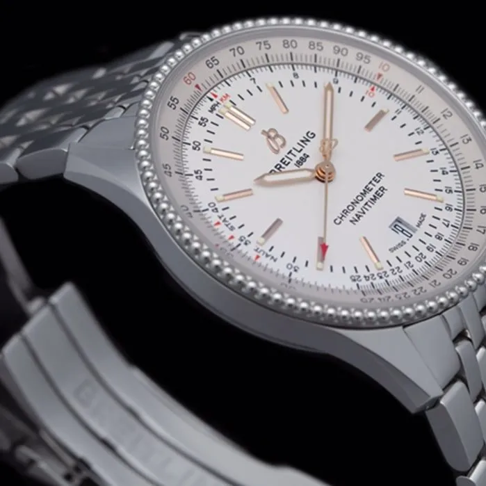 Top-tier watch Breitling men's white dial aviation chronograph1 series overview steel bracelet watch clasp picture