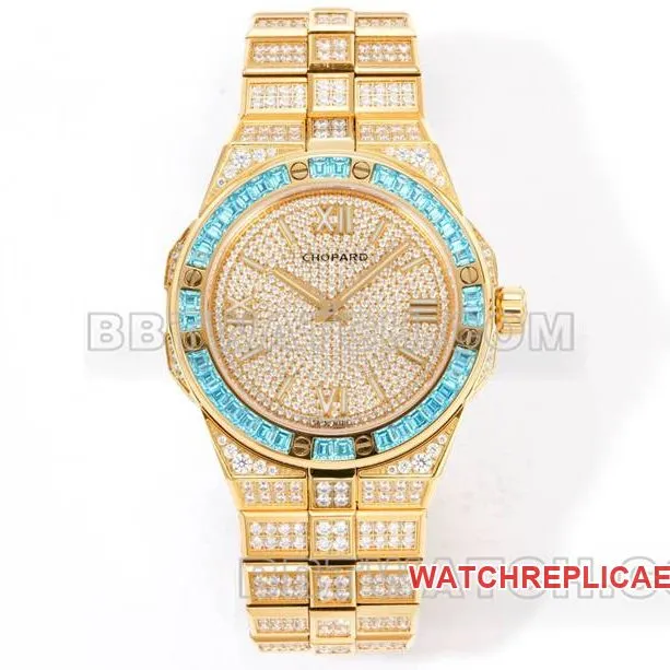 Chopard1:1replica watch GH factory Xueshan Aoyi 41mm pavé diamond yellow goldsteel bracelet caseback live photo