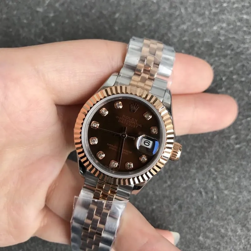 Rolex Datejust ladies watch 28mm mechanical tiger tooth bezel rose gold coffee dial diamond hour markers front view