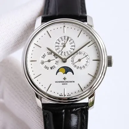 top-tier watch Vacheron Constantin men's white dial black belt perpetual calendar multi-function heritage series mechanical watch clasp picture