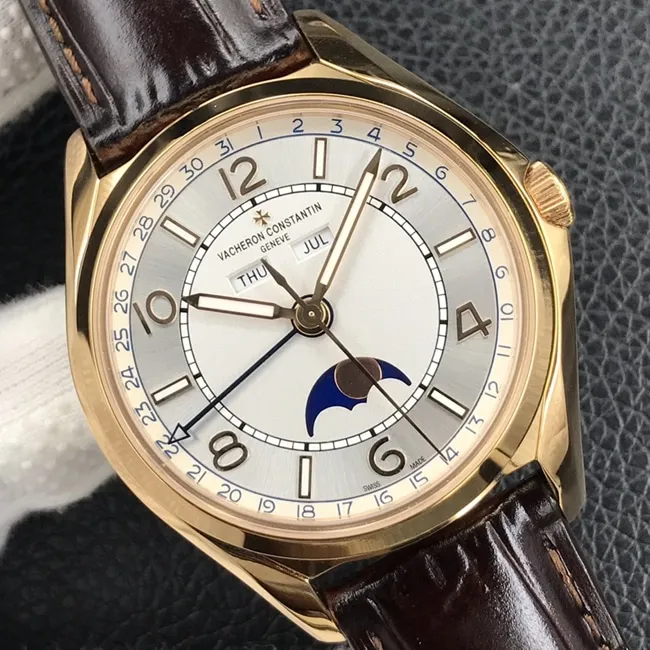 ZF Factorytop-tier watch Vacheron Constantin men's white dial brown belt Wu Luzhi type series full date display moon phase watch movement picture