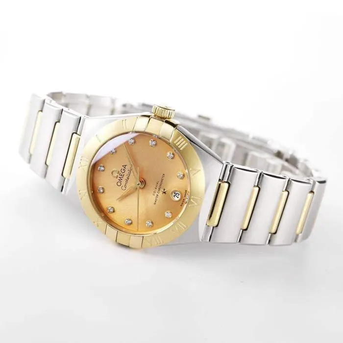 top-tier watch Omega women's gold plate constellation series steel bracelet watch movement picture