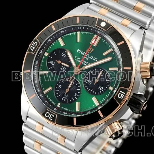 Breitling watch TF factory mechanical chronographgreen dial 44mm gold steel bracelet front live photo