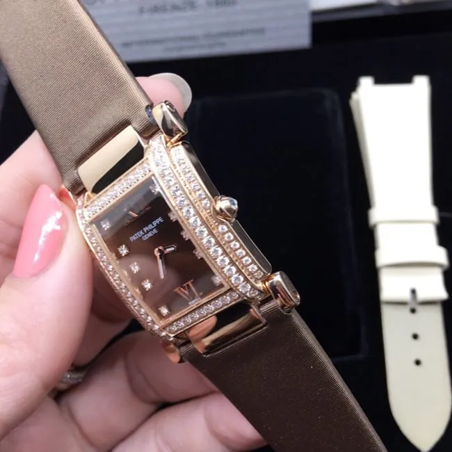 AW factory real diamond replicaPatek Philippe brown plate and brown belt ladies' watchclasp picture
