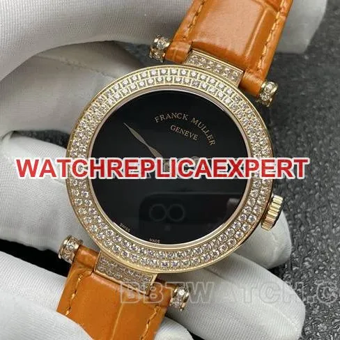 watch frank mill quartz ABF factory black dial gold diamond bezel orange leather braceletfront live photo