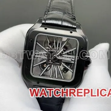 collectible watch Santos MLF factory Cartier black hollow plate mechanical leather strap caseback live photo