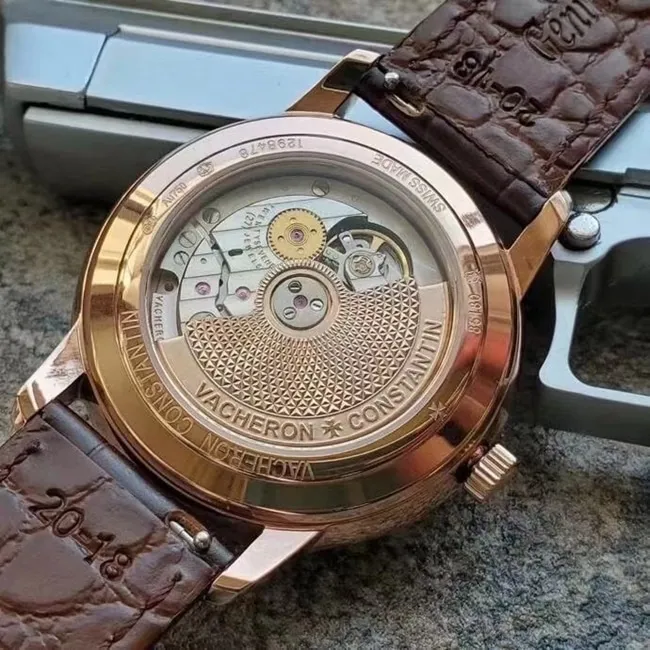 MKS Factorytop-tier replicaVacheron Constantin men's white dial brown belt heritage series 85180automatic movementleather strap watch front view