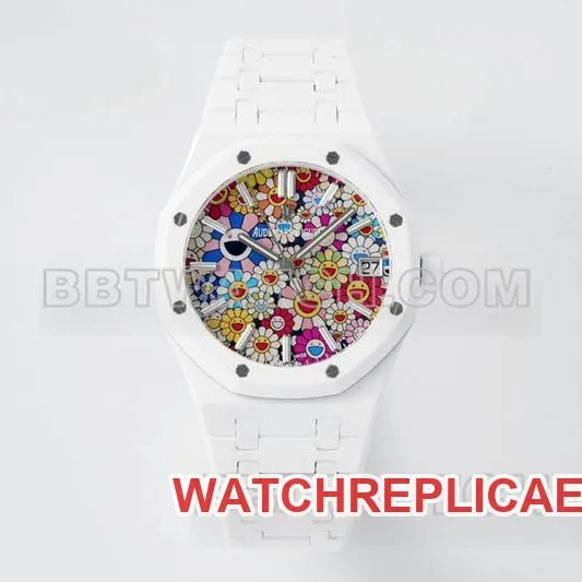 Audemars Piguettop-tier watch APS factory Royal Oak flower pattern dial white ceramicsteel bracelet model 15500front live photo