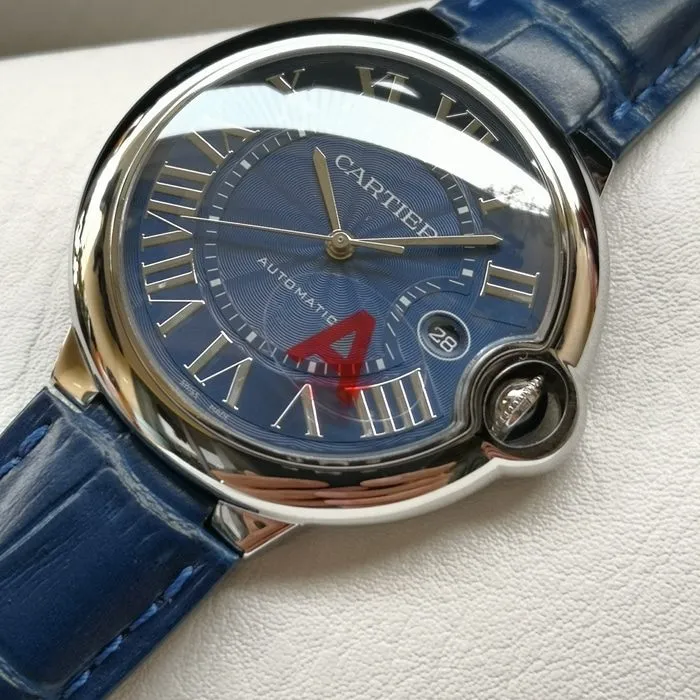 top-tier watch Cartier men's blue dial blue balloon series mechanical leather strap watch back cover picture