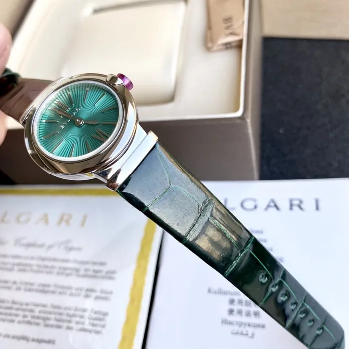 top-tier watch Bvlgari women's blue dial green strap LVCEA series quartzleather strap watch back cover picture