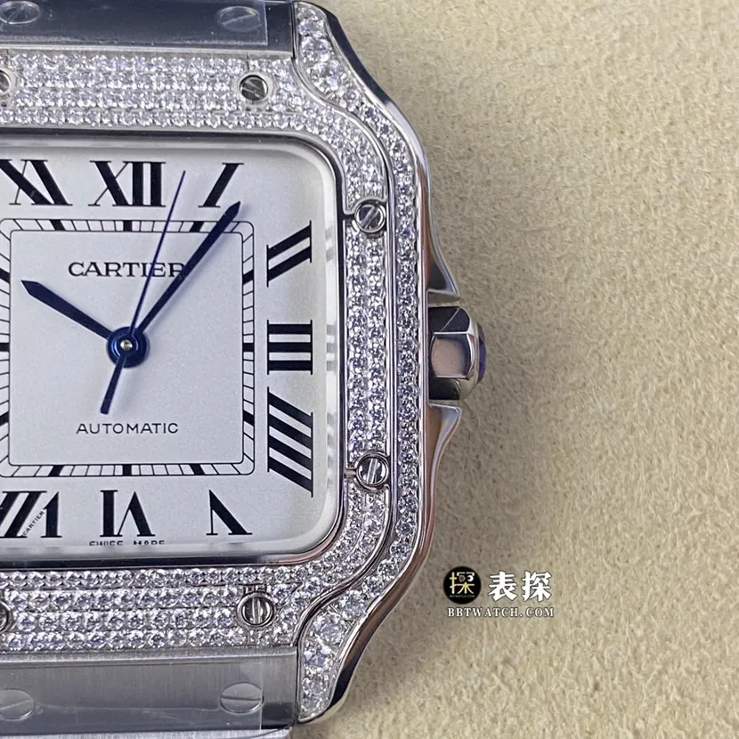 A8 factory Cartier Santos top-tier watch men's white dial diamond steel bracelet model pictures and prices front live photo