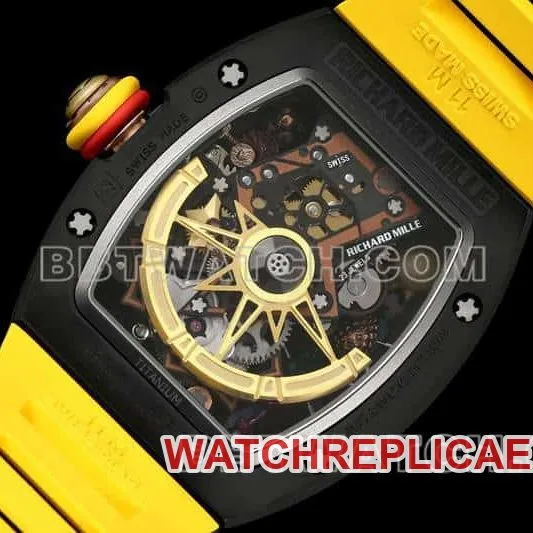 Richard Mille men's smiley tourbillon black shell yellow rubber RM 88side live photo