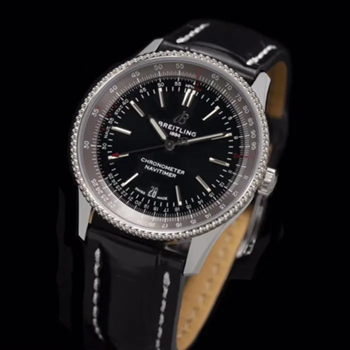 top-tier watch Breitling men's black dial aviation chronograph1 series leather strap watch clasp picture