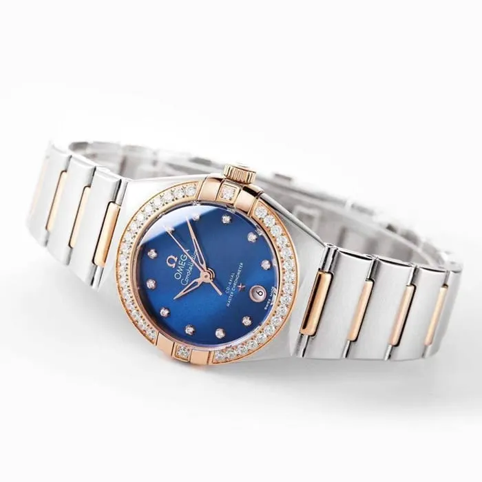 top-tier watch Omega women's blue dial constellation series steel bracelet watch movement picture