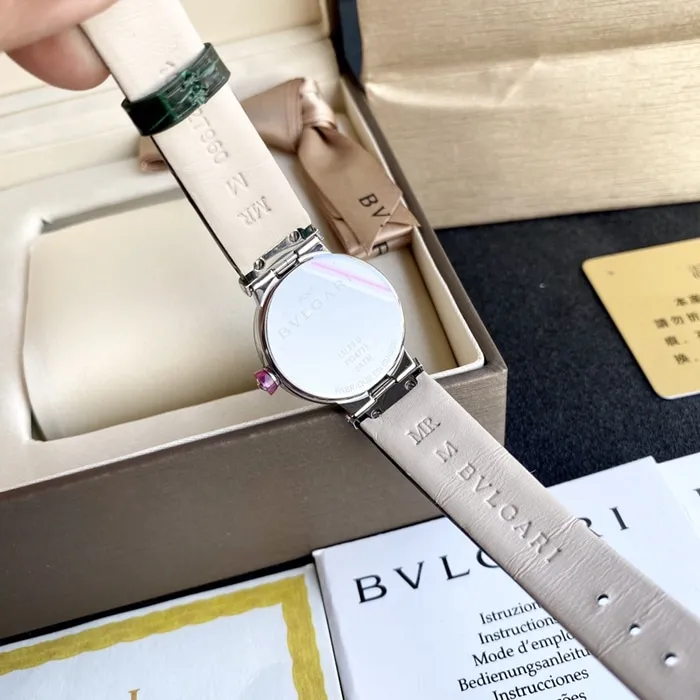top-tier watch Bvlgari women's blue dial green strap LVCEA series quartzleather strap watch front view