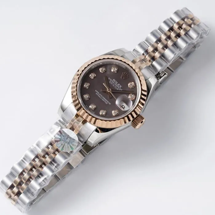 Top-tier watch Rolex women's brown dial Datejuststeel bracelet watch front view