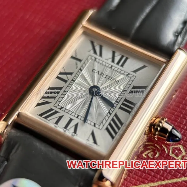 collectible watch DR factory tank Cartier silver gray plate rose gold case quartz black braceletfront live photo