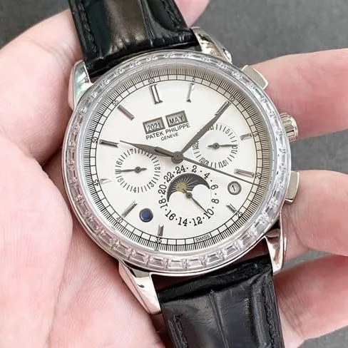 Patek Philippetop-tier watch complex function chronograph series men's white dialleather strap watch movement picture