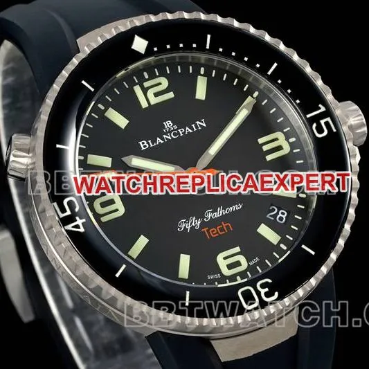 Blancpain1:1replica watch fifty fathoms black dial titanium mechanical black rubber caseback live photo