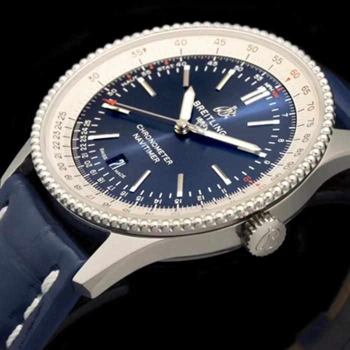 top-tier watch Breitling men's blue dial aviation chronograph1 series steel bracelet watch front view