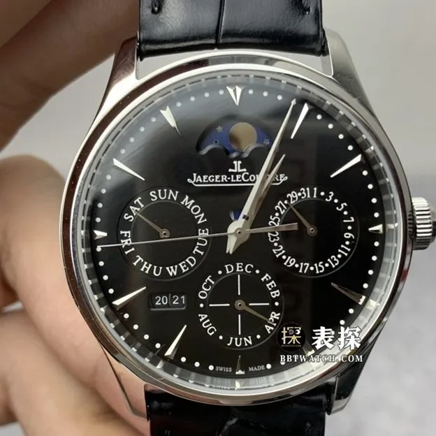 V9 Factory Jaeger-LeCoultre Master Top Watch Men's Black Dial Moon Phase Leather Strap Model Pictures and Price Back Real Shot Pictures