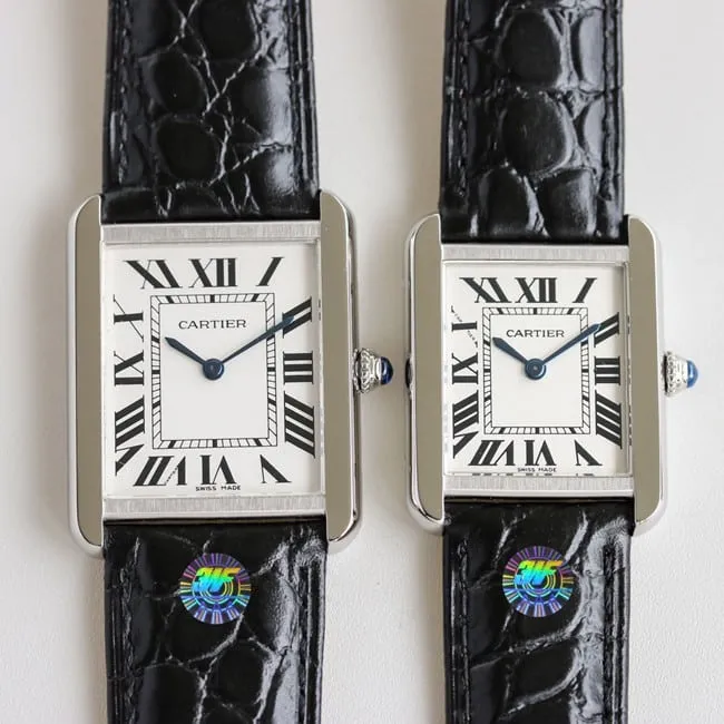 3WF factory Cartiertop-tier watch tank series couple ladies white dial black belt quartzleather strap front view