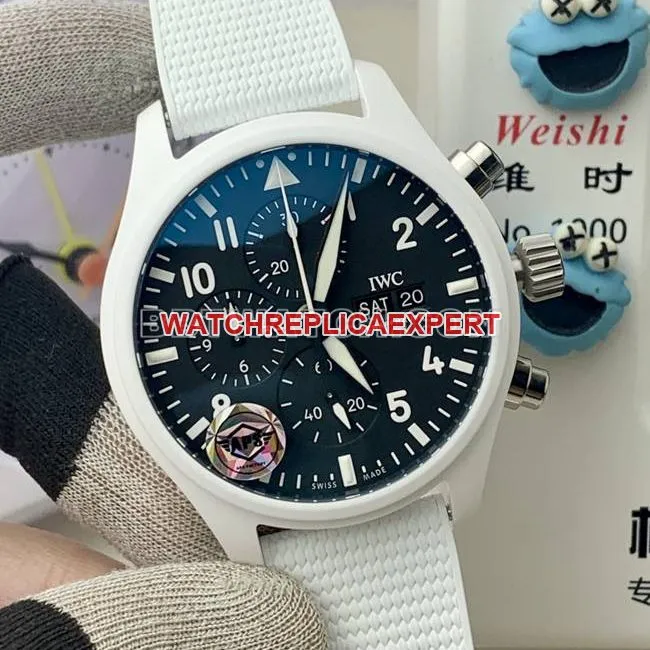 top-tier watch IWCAPS factory pilot black dialchronograph white ceramic mechanical clasplive photos