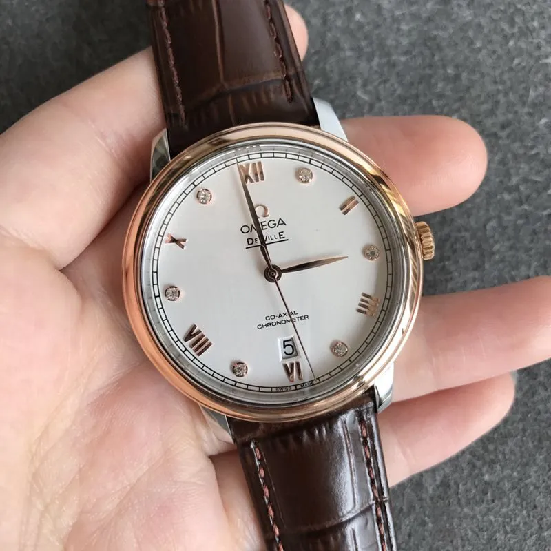 Omegatop-tierhigh-quality watch De Ville series men's white leather strap mechanical watch back cover picture