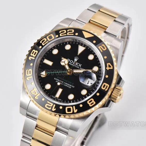 C factory RolexGMT-Master type 1:1super cloneblack dial gold steel bracelet model 116713-LN-78203front live photo