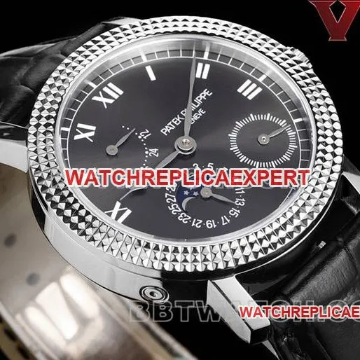 collectible watch complication timepiece V9 FactoryPatek Philippeblack dial leather braceletside live photo