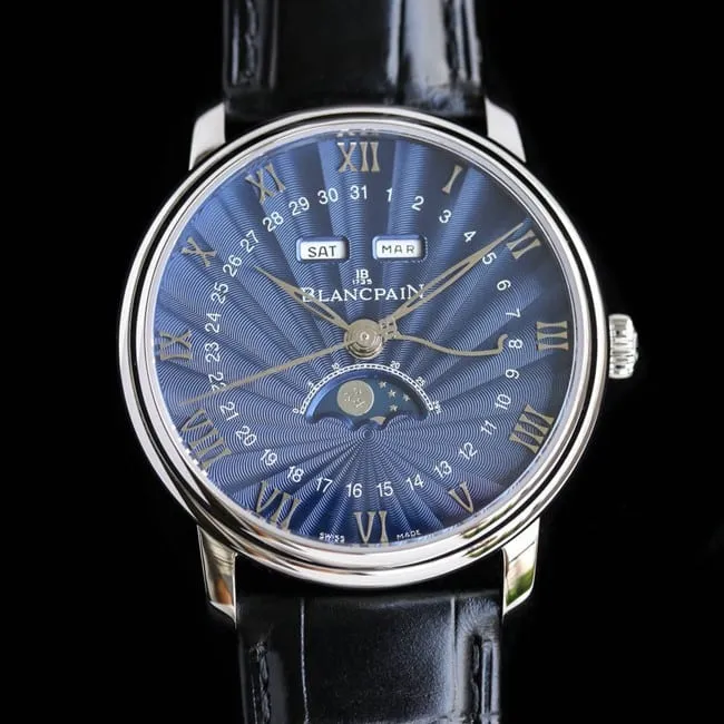 Blancpaintop-tier watchvilleret classic 6654moon phase display series men's blue dial black belt watch side view