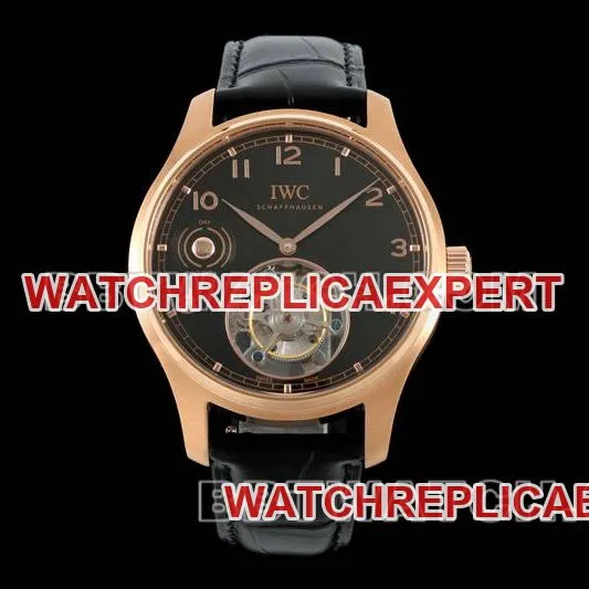 IWC1:1replica watch RMS factory Portugal black dialrose goldtourbillon mechanical leather strap model front live photo
