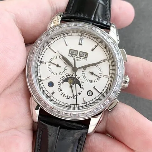 Patek Philippetop-tier watch complex function chronograph series men's white dialleather strap watch front view