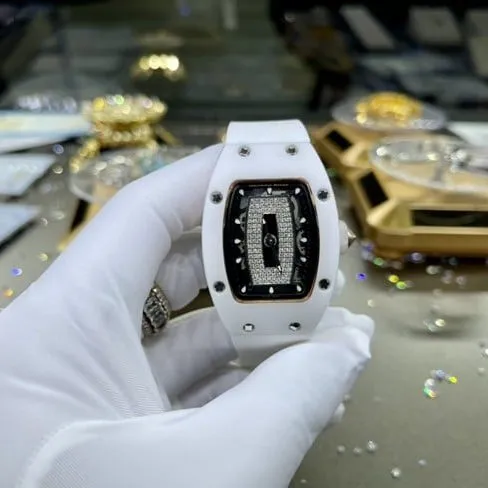 Richard Milletop-tier watch women's black dialrubber strap South African real diamond mechanical watch detail shots