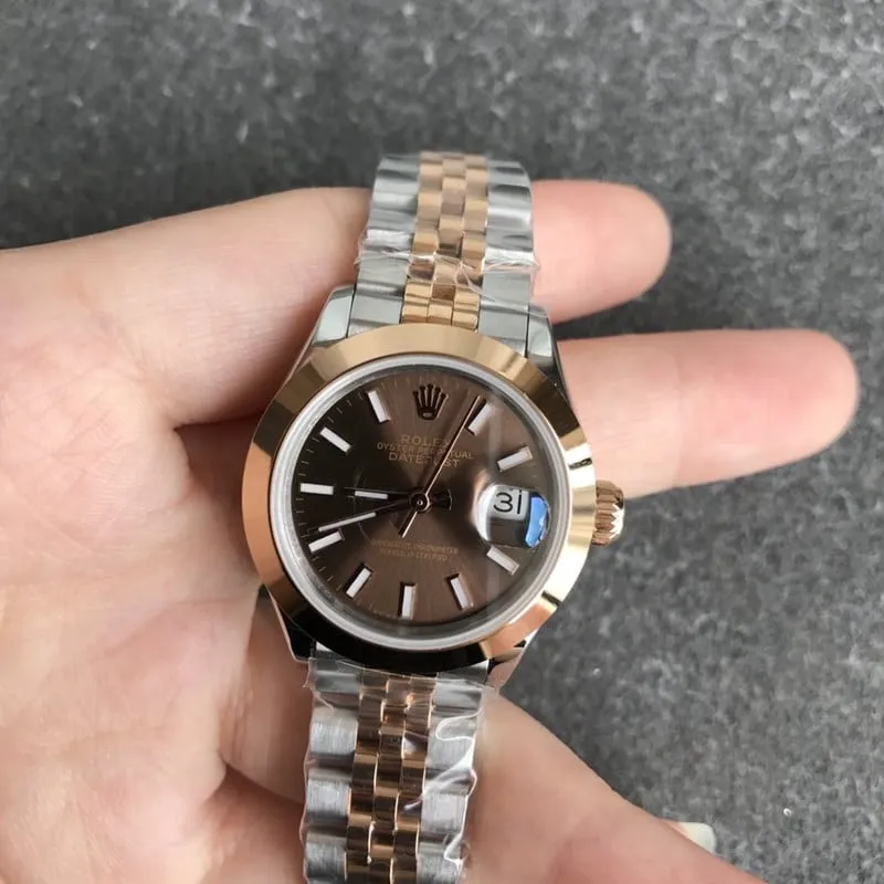 Rolex Datejust women's watch, 28mm, mechanical, fluted bezel, rose gold, coffee-colored dial, side view