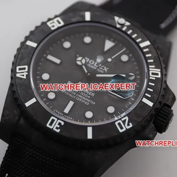 VS FactoryRolexSubmariner1:1super cloneblack dial carbon fiber white ring leather strap front live photo